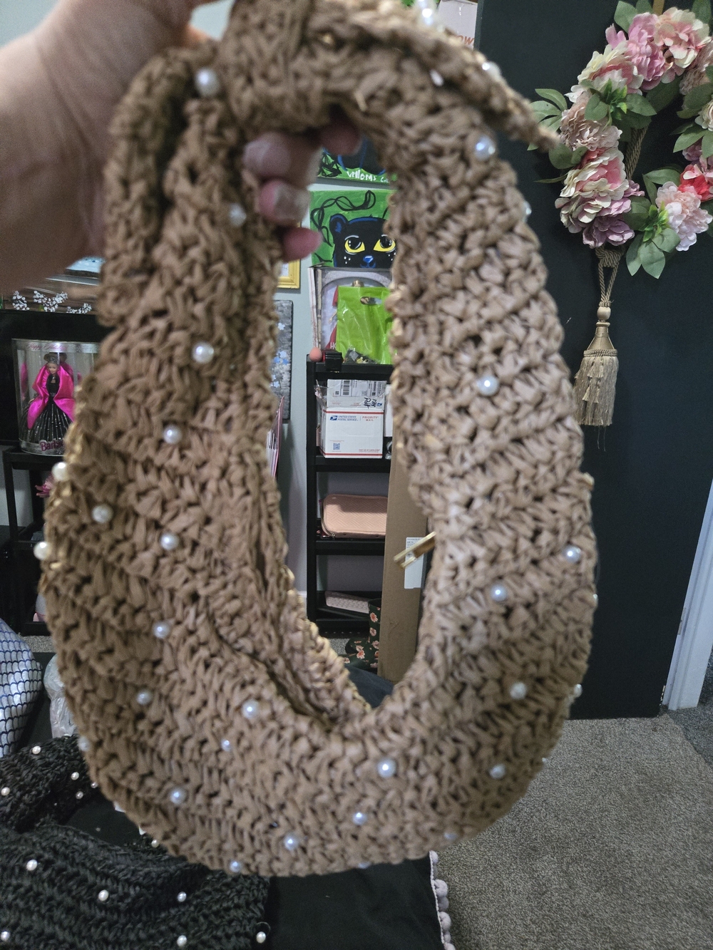 Haute Hippie Pearl-Embellished Beige Crochet Infinity Scarf